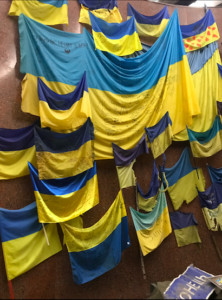 These flags are displayed at the National Museum of the History of Ukraine in the Second World War. Flags like these have been used to cover the bodies of fallen Ukrainian soldiers slain by Russian forces.