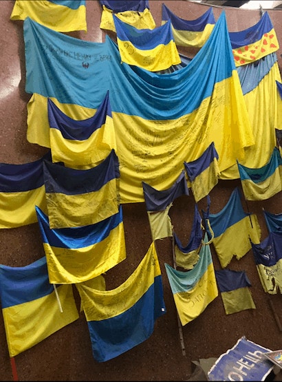 These flags are displayed at the National Museum of the History of Ukraine in the Second World War. Flags like these have been used to cover the bodies of fallen Ukrainian soldiers slain by Russian forces.