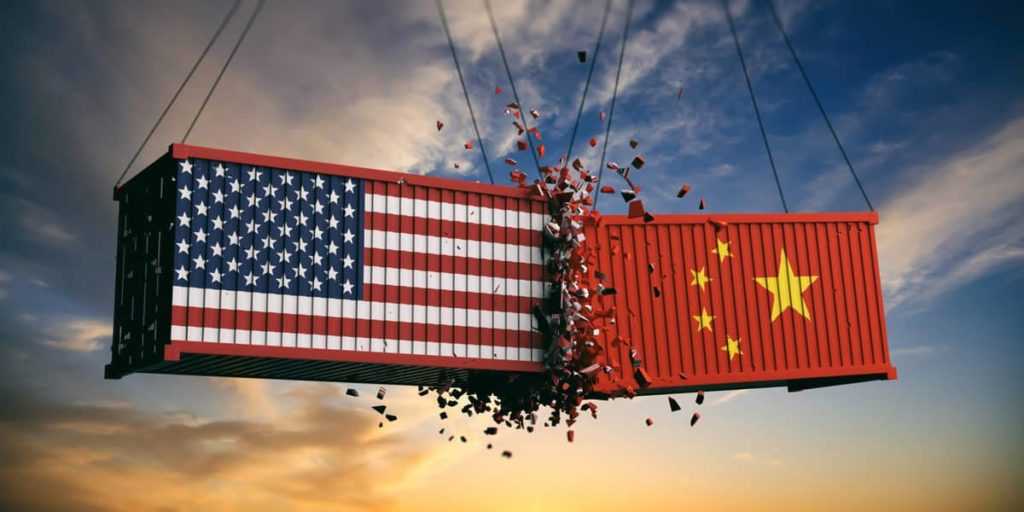 USA and China trade war. US of America and Chinese flags crashed containers on sky at sunset background. 3d illustration