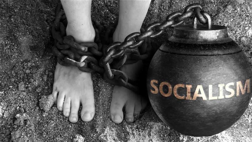 Socialism as a negative aspect of life - symbolized by word Socialism and and chains to show burden and bad influence of Socialism, 3d illustration