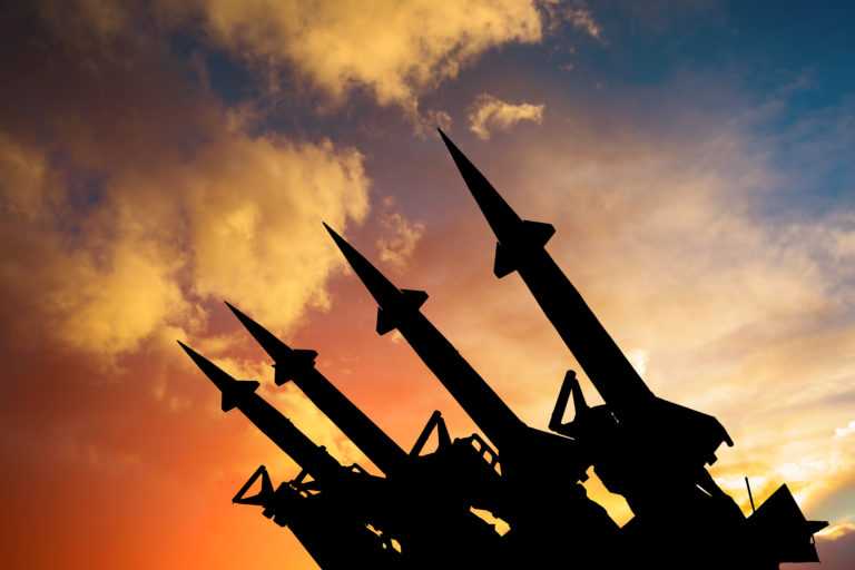 Anti-aircraft missile system against the background of sunset