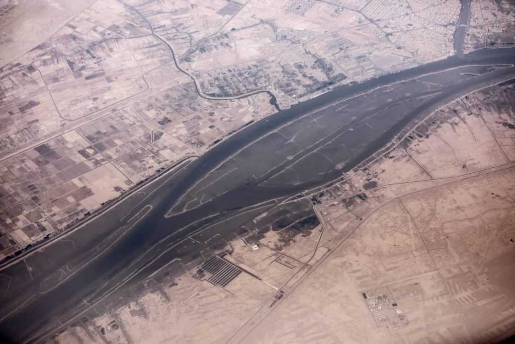 Aerial view of the Iran, Iraq border and the Shatt al-arab river near Basra, Iraq.