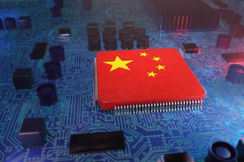 Computer chip with chinese flag. 3d conceptual illustration