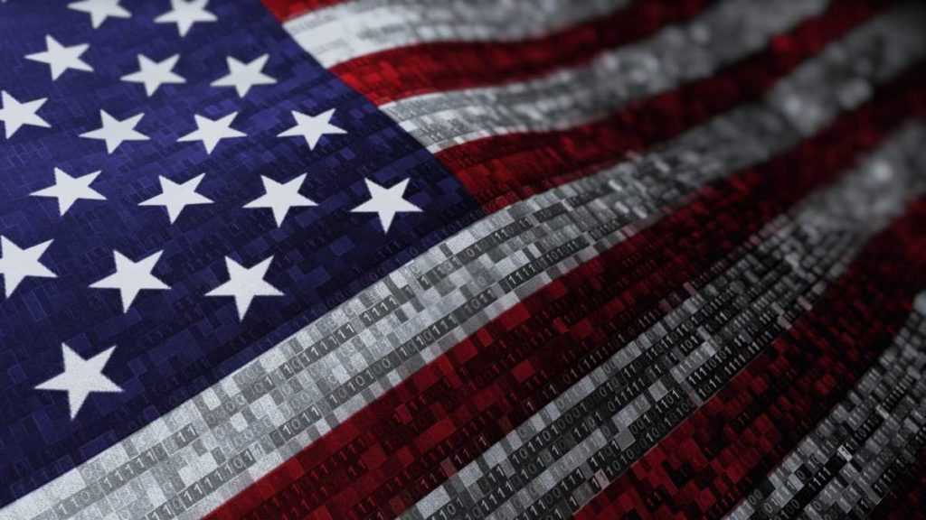 Waving national flag of the United States of America. Woven flag concept animation with digital binary numeric computer code running through the flag. background shot for internet security, activism,