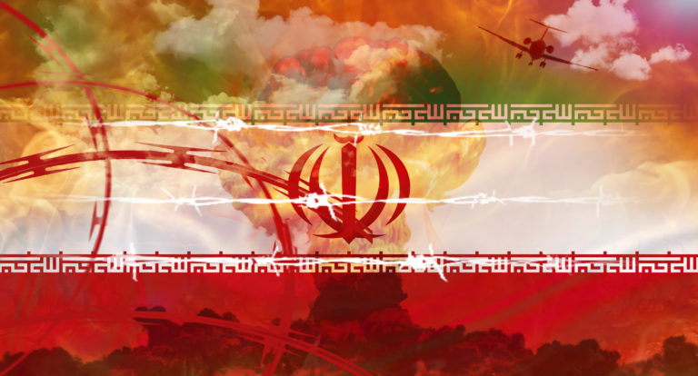 Barbed wire,  plane silhouette, and atomic bomb explosion on the background of the Iranian flag.