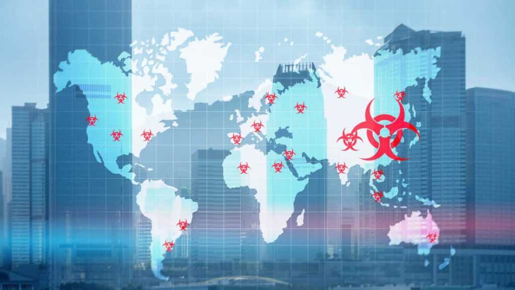 The spread of coronavirus around the World. A virtual map with signs which mean hotbeds of infection in different countries.