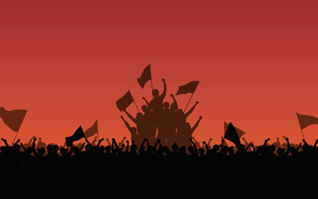 Silhouette group of protester Raised Fist and flags in flat icon design with evening sky background