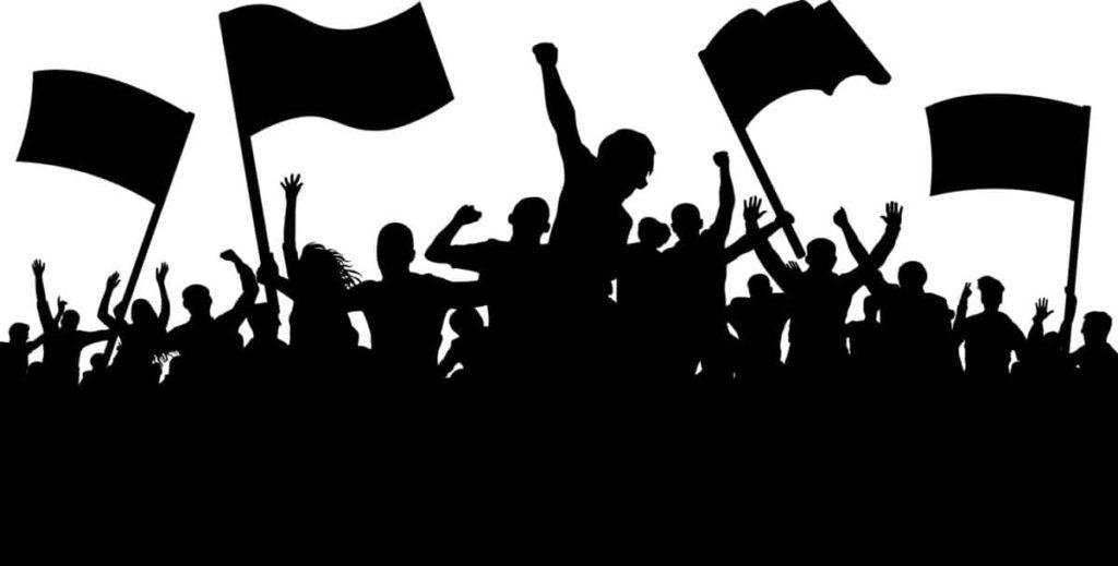 Crowd of people with flags, banners. Sports, mob, fans. Demonstration, manifestation, protest, strike, revolution, riot, propaganda. Silhouette background vector