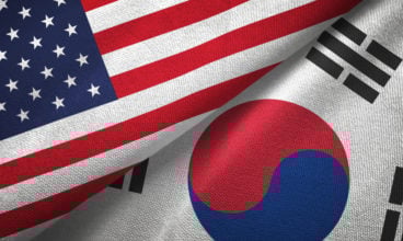 United States and South Korea two flags textile cloth, fabric texture