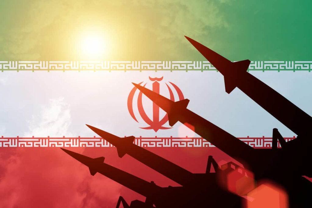 Antiaircraft rockets silhouettes on background of Iran flag. Sunny.