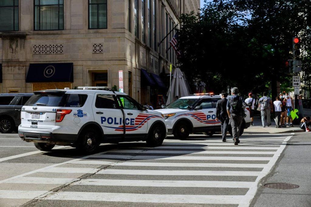 District of Columbia Metropolitan Police block road to White House during of protests against the death of George Floyd in Washington D.C.