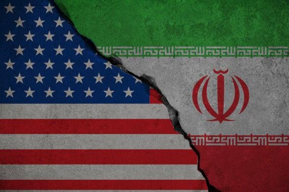 iranian flag on broken wall and half usa united states of americ