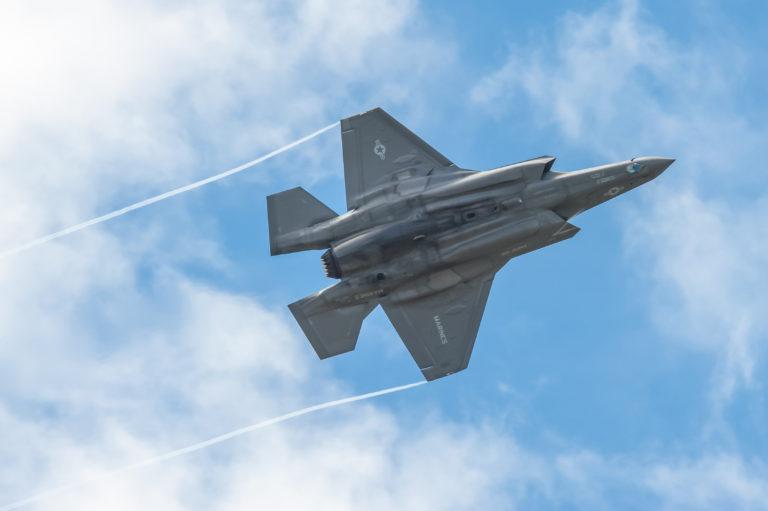 Low level aerobatics by a Lockheed Martin F-35B Lightning II in the skies over Farnborough, UK - July 5, 2016