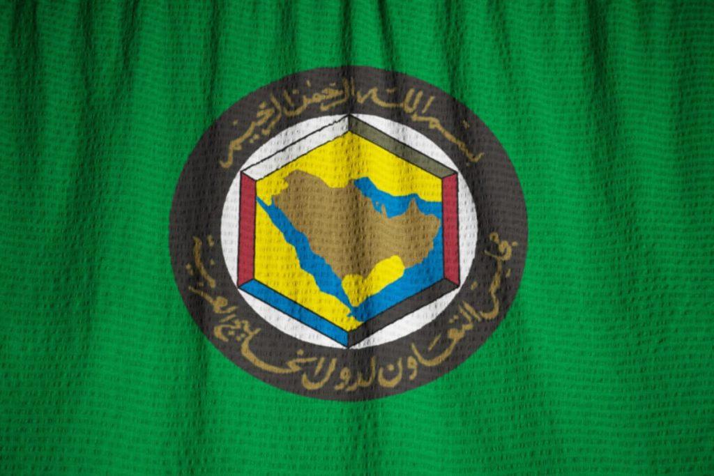 Closeup of Ruffled Gulf Cooperation Council Flag, GCC Flag Blowi