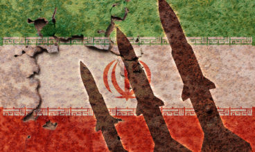 Iran flag and rocket in military conflict