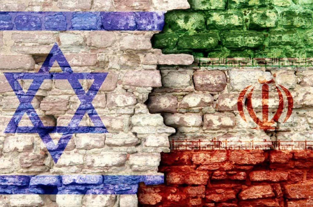 Iran and israelflags and rocket in military conflict