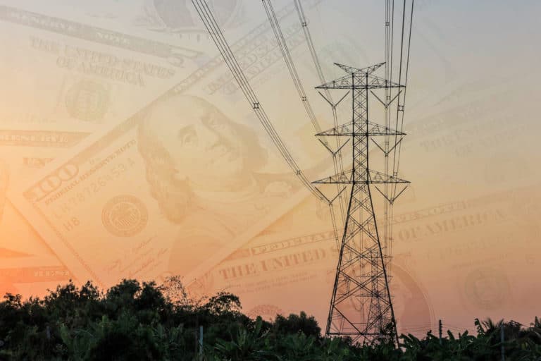 Electricity tower and electric line, power line and dollar cash. double exposure