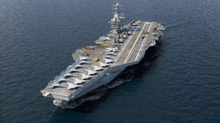 Aircraft carrier crossing the ocean 3D rendering