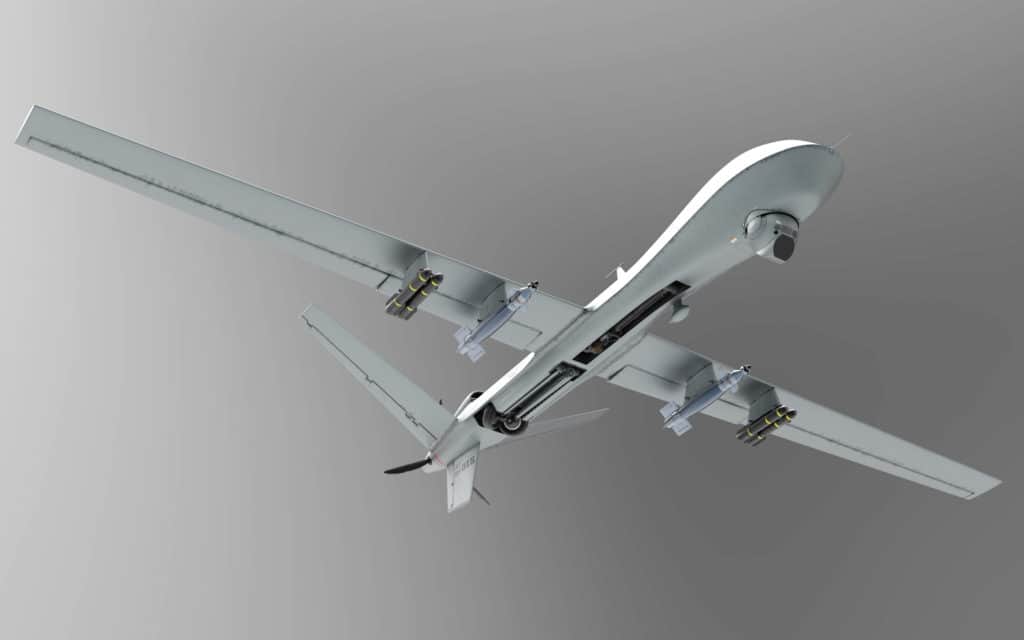 3d Illustration military drone armored with missiles isolate on grey black background. Concept of world war 3