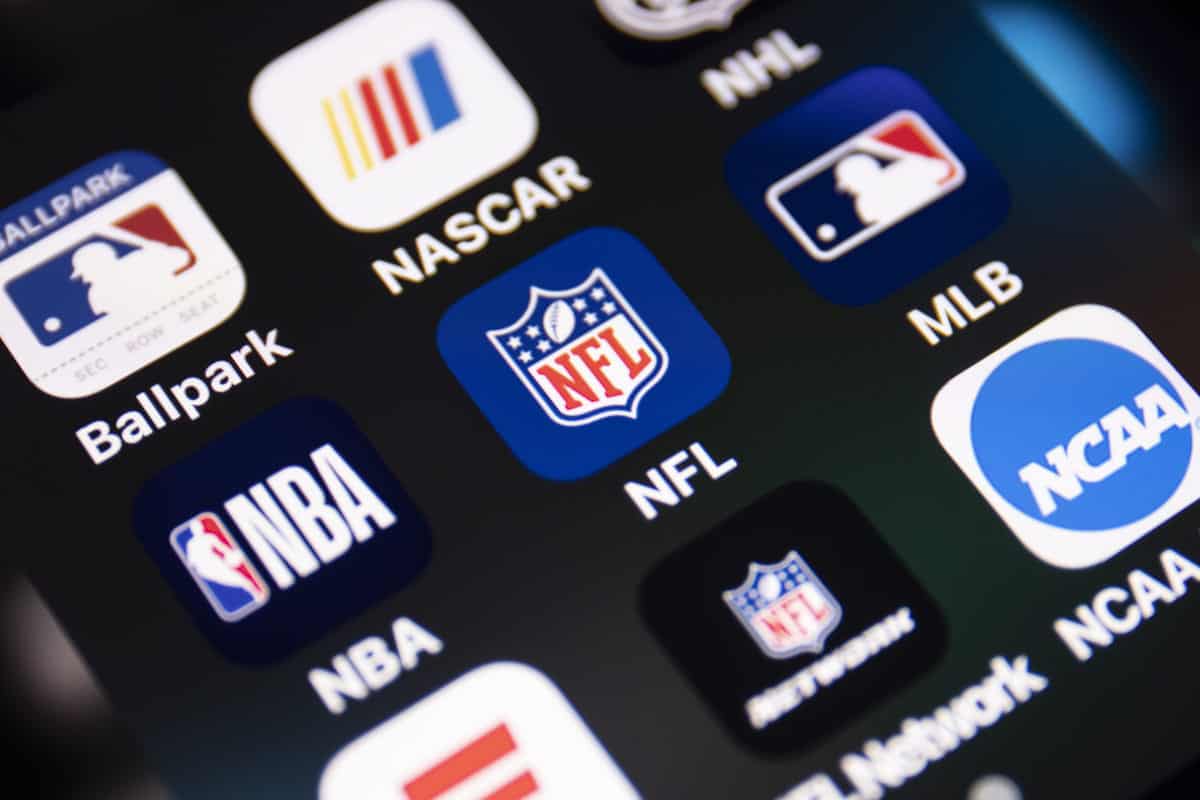 Indianapolis - Circa October 2020: NFL app logo surrounded by the apps of the MLB, NCAA, NBA, NASCAR and the NHL.